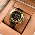 Rolex Daytona 904L Steel 40mm Six Hands Chronograph Leather Band Gold/Black/Brown Face Watch